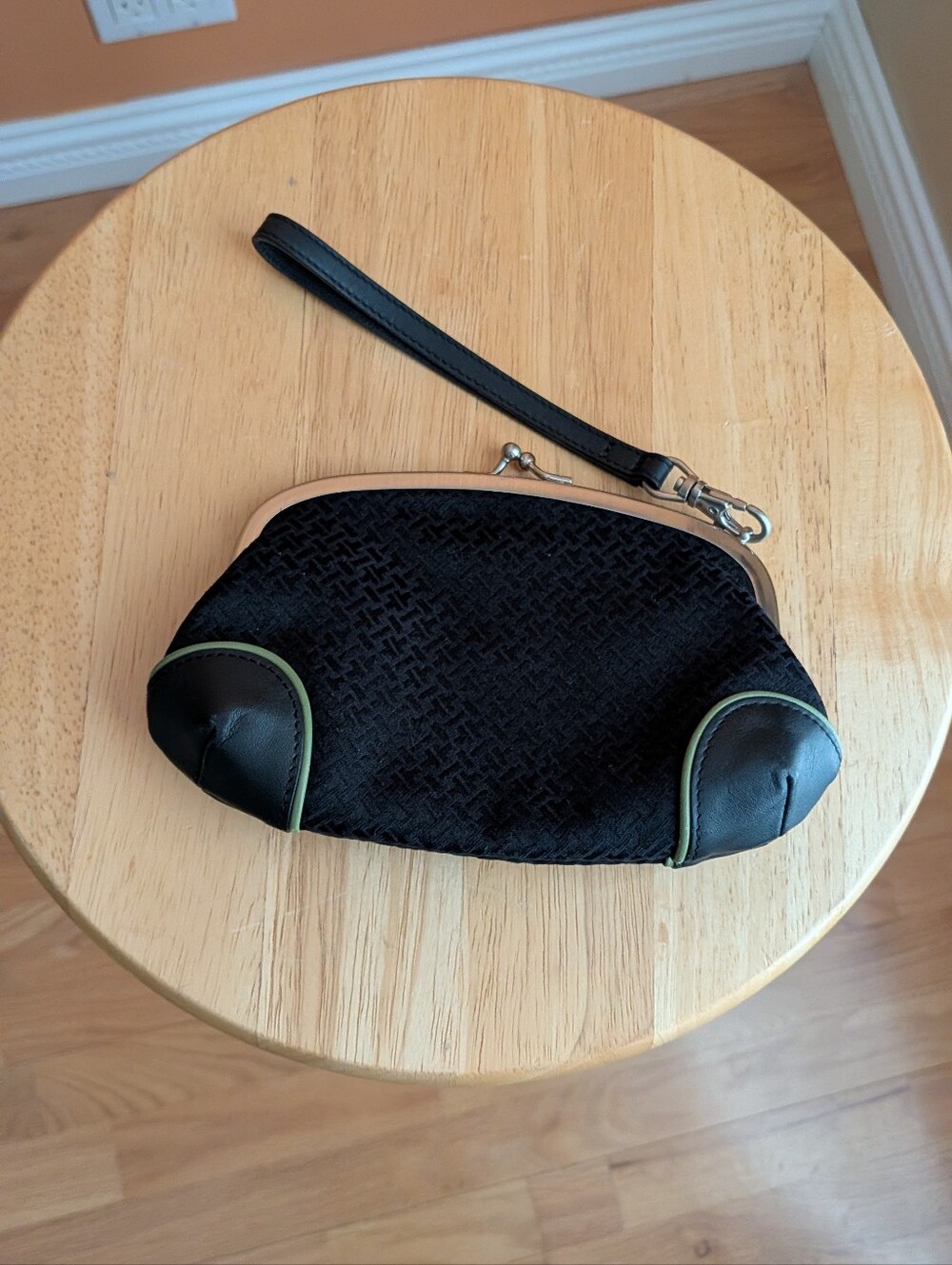 Talbots Black Wristlet Clutch with Green Trim